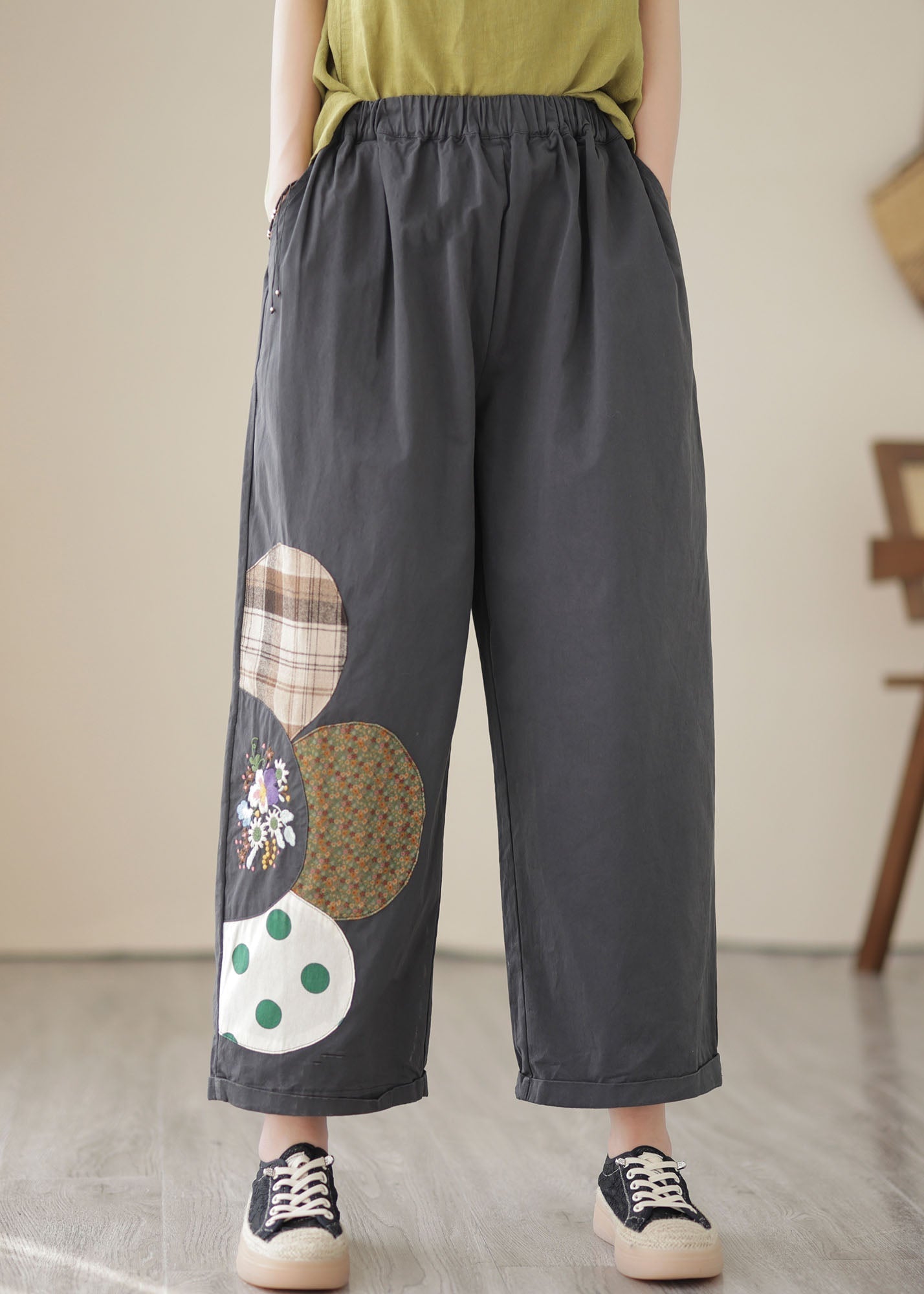 Boutique Dark Grey Pockets Patchwork Cotton Straight Crop Pants Summer LY5286 - fabuloryshop