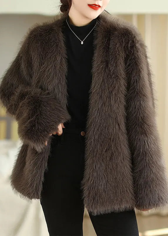 Boutique Fashion Coffee V Neck Faux Fur Coats Winter Ada Fashion