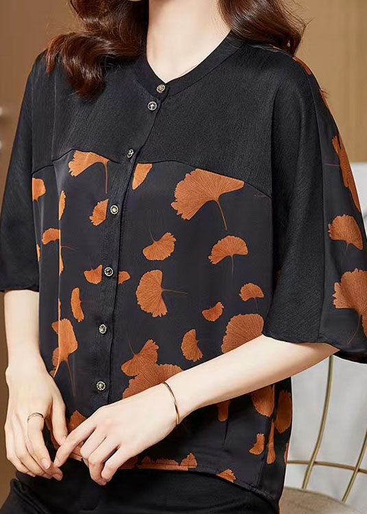 Boutique Ginkgo Leaf O Neck Patchwork Print Silk Shirt Summer LC0288 - fabuloryshop