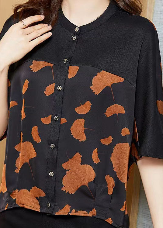 Boutique Ginkgo Leaf O Neck Patchwork Print Silk Shirt Summer LC0288 - fabuloryshop