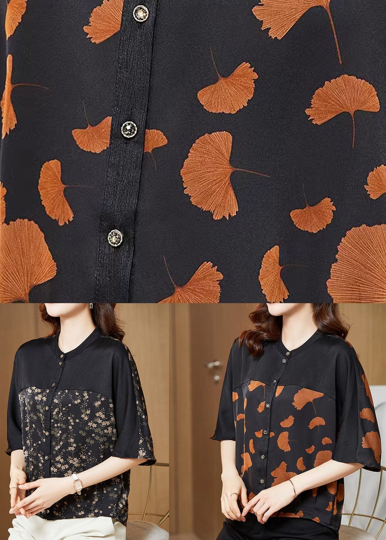 Boutique Ginkgo Leaf O Neck Patchwork Print Silk Shirt Summer LC0288 - fabuloryshop