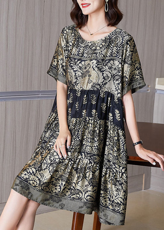 Boutique Gold O-Neck Print Wrinkled Patchwork Silk Dresses Summer TF1047 - fabuloryshop