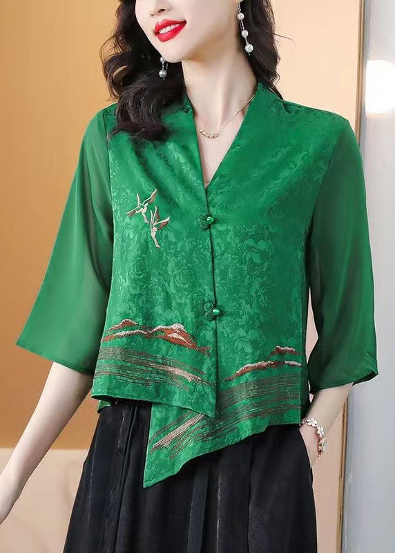 Boutique Green Asymmetrical Embroideried Silk Shirt Tops Bracelet Sleeve Ada Fashion