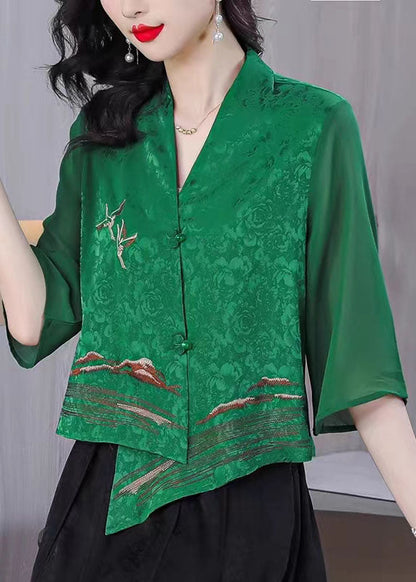 Boutique Green Asymmetrical Embroideried Silk Shirt Tops Bracelet Sleeve Ada Fashion