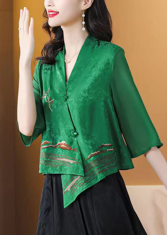 Boutique Green Asymmetrical Embroideried Silk Shirt Tops Bracelet Sleeve Ada Fashion