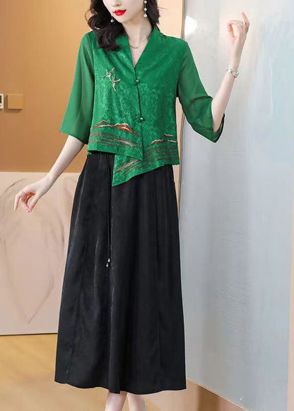 Boutique Green Asymmetrical Embroideried Silk Shirt Tops Bracelet Sleeve Ada Fashion