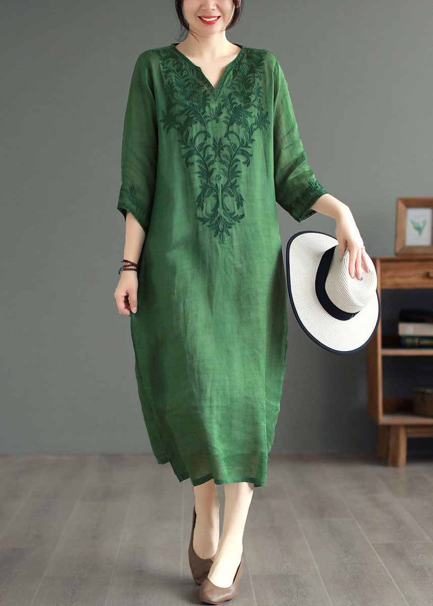 Boutique Green Embroideried Patchwork Linen Dresses Bracelet Sleeve LY6183 - fabuloryshop