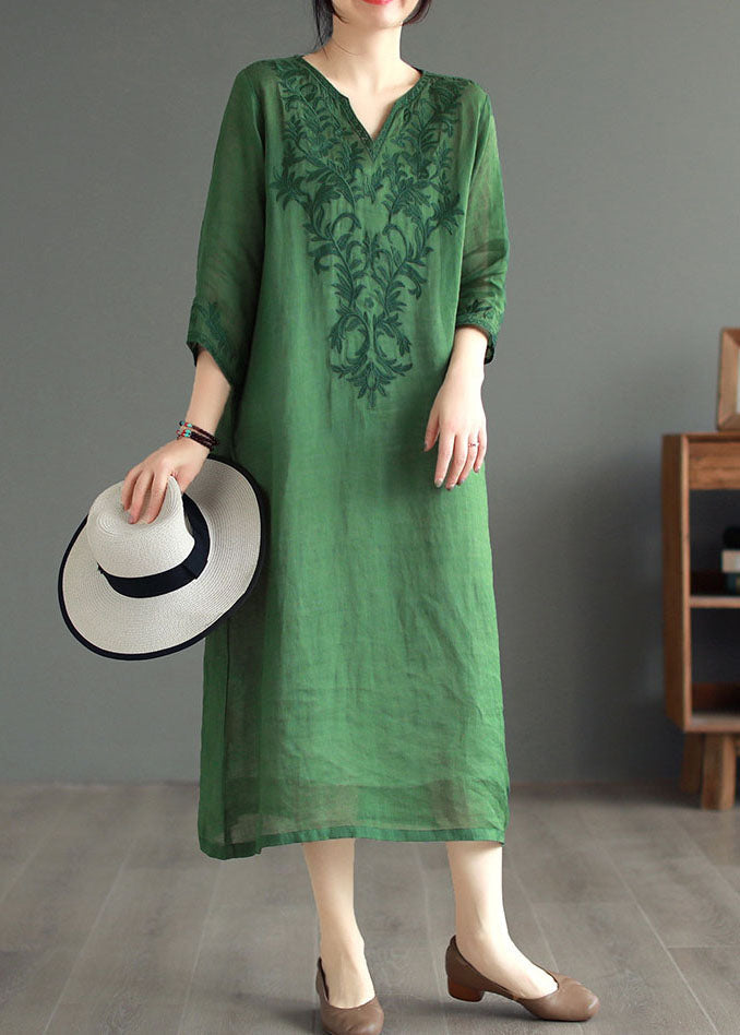 Boutique Green Embroideried Patchwork Linen Dresses Bracelet Sleeve LY6183 - fabuloryshop
