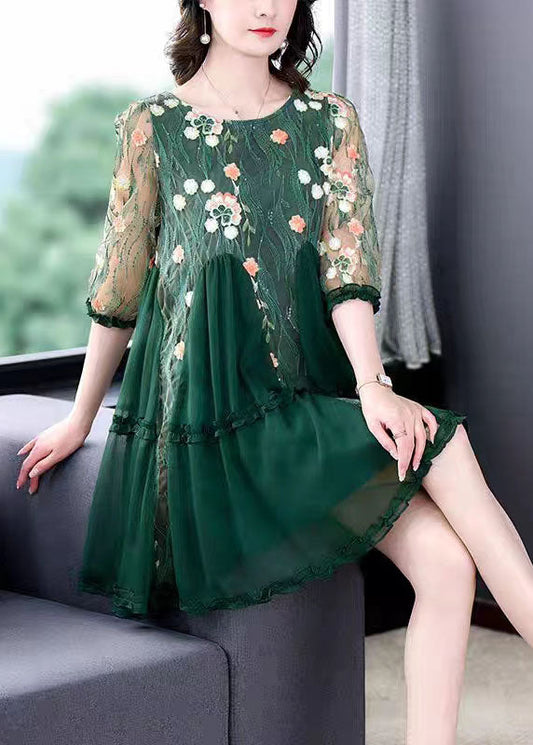 Boutique Green Embroideried Patchwork Tulle Mid Dresses Summer LY5984 Ada Fashion