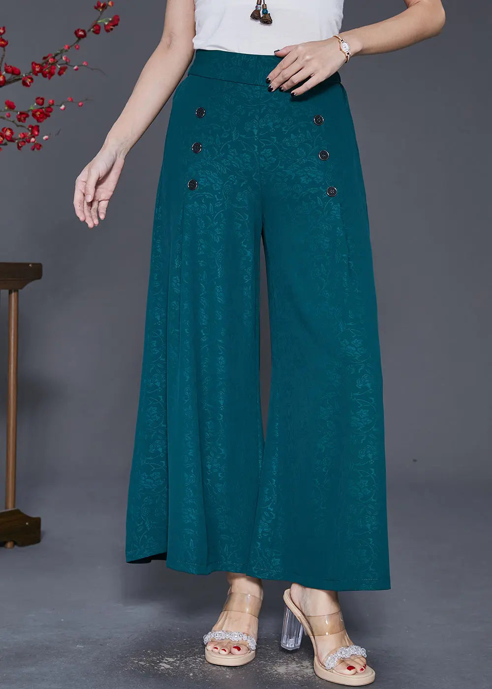 Boutique Green Jacquard Double Breast Silk Wide Leg Pants Fall Ada Fashion