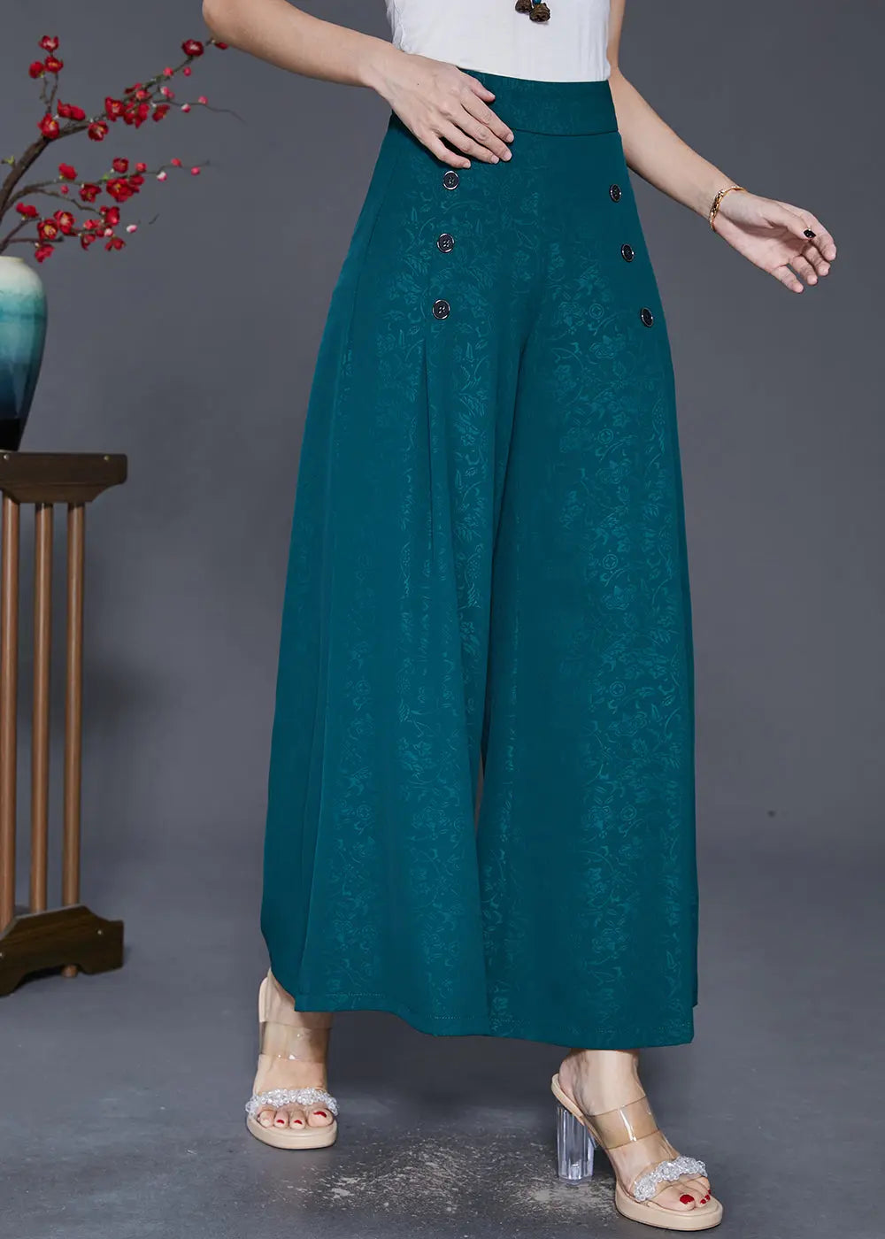 Boutique Green Jacquard Double Breast Silk Wide Leg Pants Fall Ada Fashion