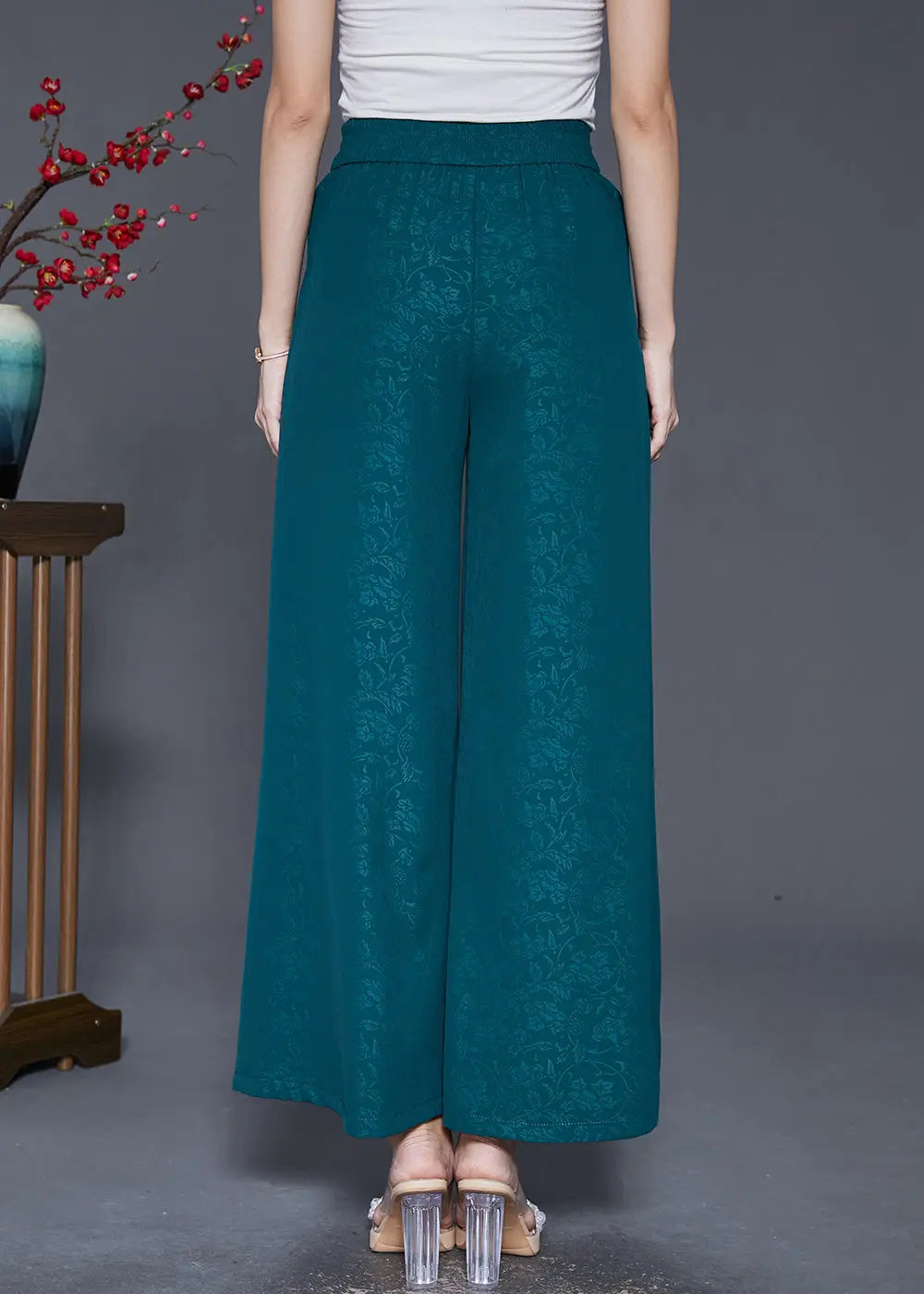 Boutique Green Jacquard Double Breast Silk Wide Leg Pants Fall Ada Fashion