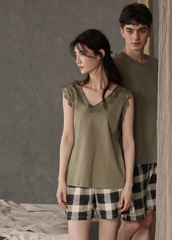 Boutique Green Lace Patchwork Cotton Couple Pajamas Two Pieces Set Summer LY2834 - fabuloryshop