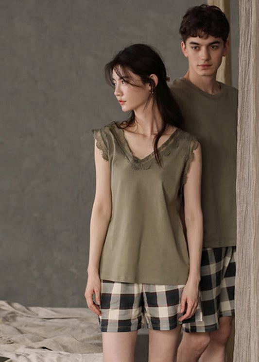 Boutique Green Lace Patchwork Cotton Couple Pajamas Two Pieces Set Summer LY2834 - fabuloryshop