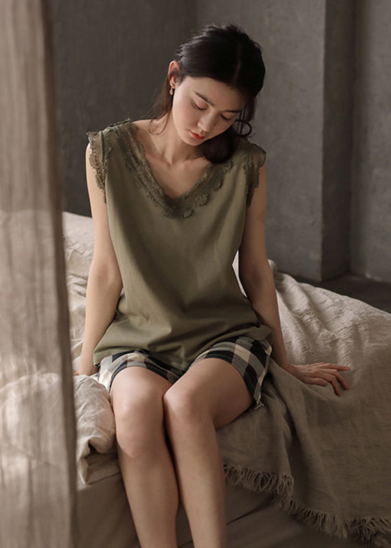 Boutique Green Lace Patchwork Cotton Couple Pajamas Two Pieces Set Summer LY2834 - fabuloryshop