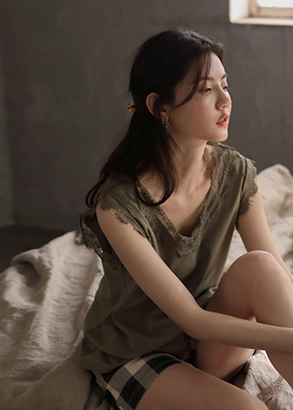 Boutique Green Lace Patchwork Cotton Couple Pajamas Two Pieces Set Summer LY2834 - fabuloryshop
