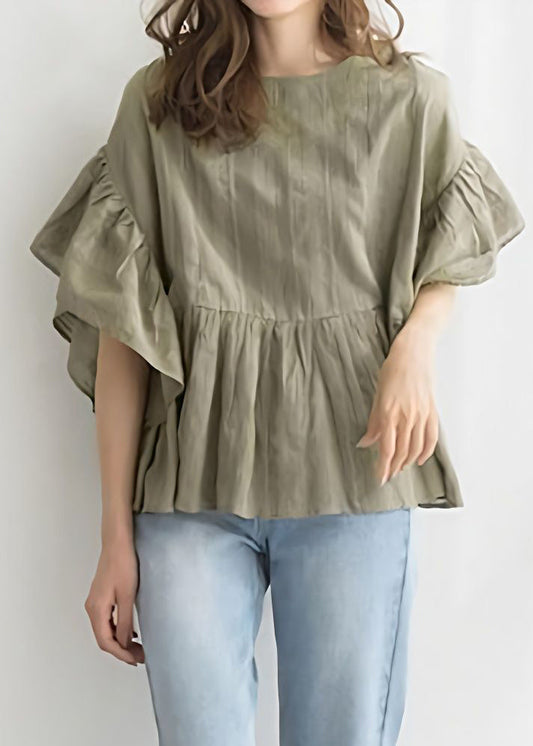 Boutique Green O-Neck Patchwork Wrinkled Cotton A Line Blouse Tops Butterfly Sleeve LY2587 - fabuloryshop