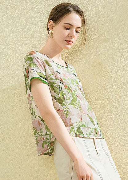 Boutique Green O-Neck Print Silk Shirt Tops Summer LY0065 - fabuloryshop