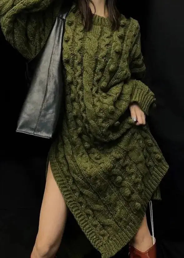 Boutique Green O-Neck Side Open Cable Knit Sweaters Dress Long Sleeve Ada Fashion