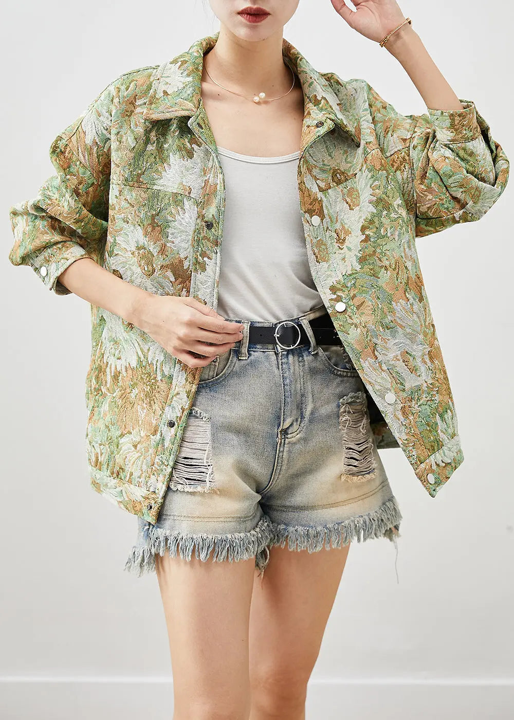 Boutique Green Oversized Floral Painting Denim Coat Fall Ada Fashion