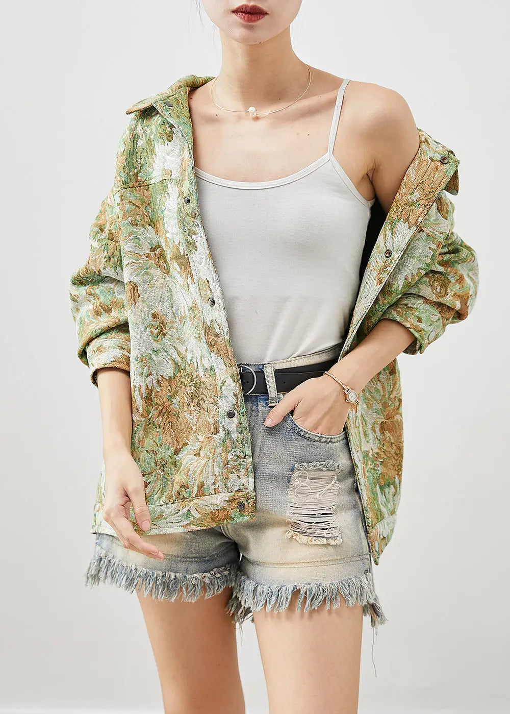 Boutique Green Oversized Floral Painting Denim Coat Fall Ada Fashion