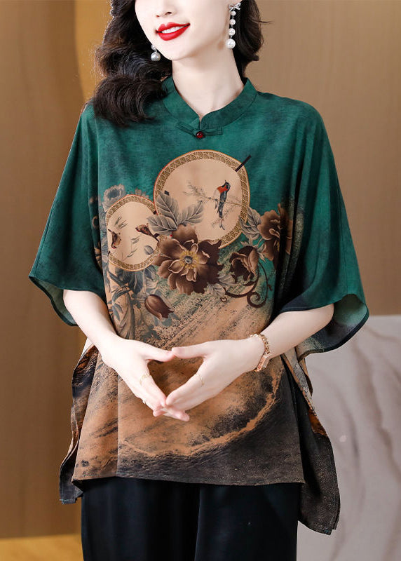 Boutique Green Oversized Print Silk Shirt Top Batwing Sleeve LY3745 - fabuloryshop