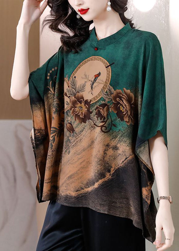 Boutique Green Oversized Print Silk Shirt Top Batwing Sleeve LY3745 - fabuloryshop