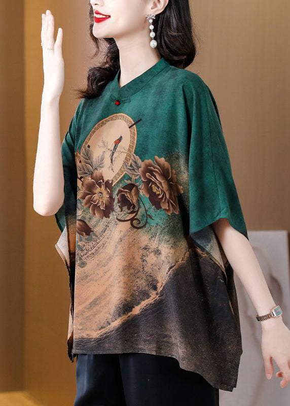 Boutique Green Oversized Print Silk Shirt Top Batwing Sleeve LY3745 - fabuloryshop