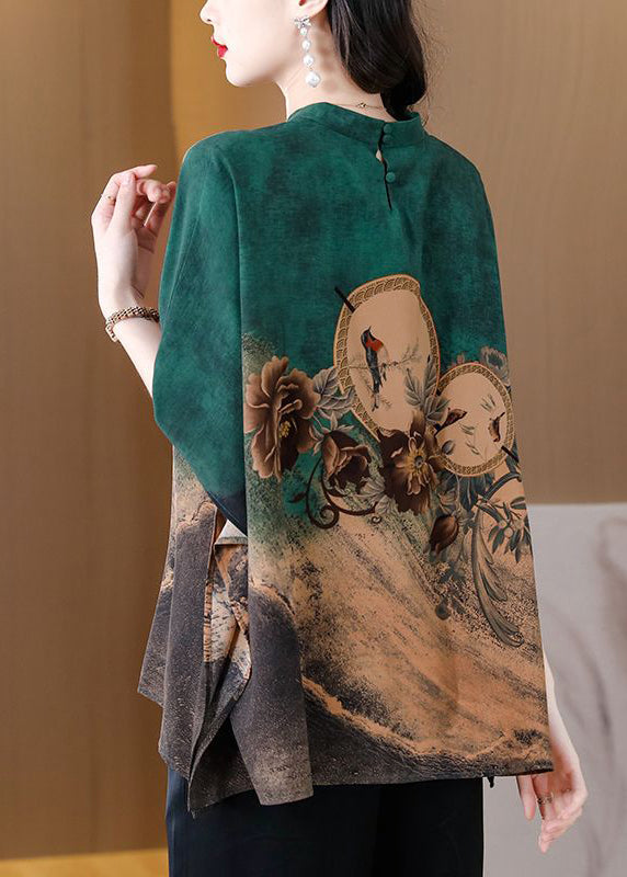 Boutique Green Oversized Print Silk Shirt Top Batwing Sleeve LY3745 - fabuloryshop