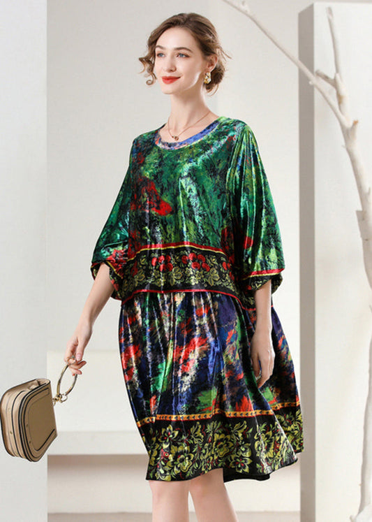 Boutique Green Oversized Print Silk Velour Dress Bracelet Sleeve LY0321 - fabuloryshop