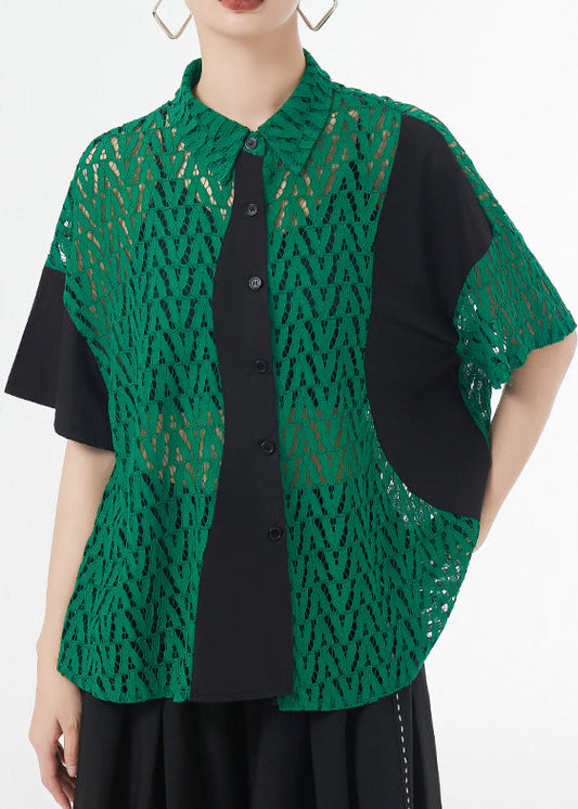 Boutique Green Peter Pan Collar Hollow Out Patchwork Lace Shirt Summer Ada Fashion