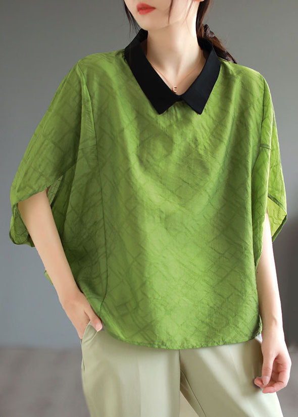 Boutique Green Peter Pan Collar Patchwork Cotton T Shirt Tops Batwing Sleeve Ada Fashion