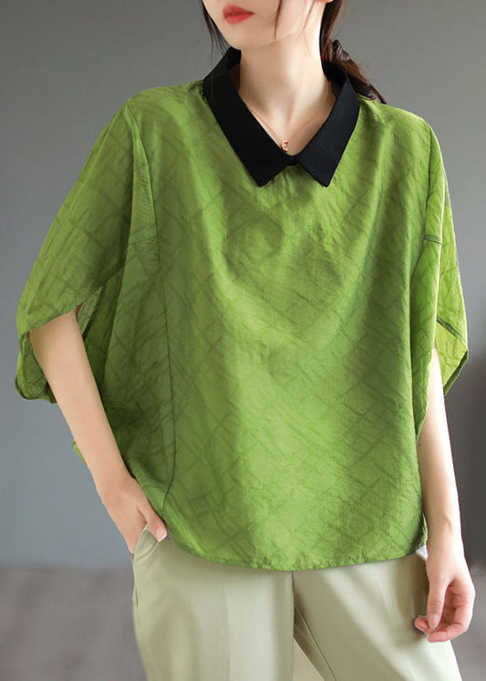 Boutique Green Peter Pan Collar Patchwork Cotton T Shirt Tops Batwing Sleeve Ada Fashion