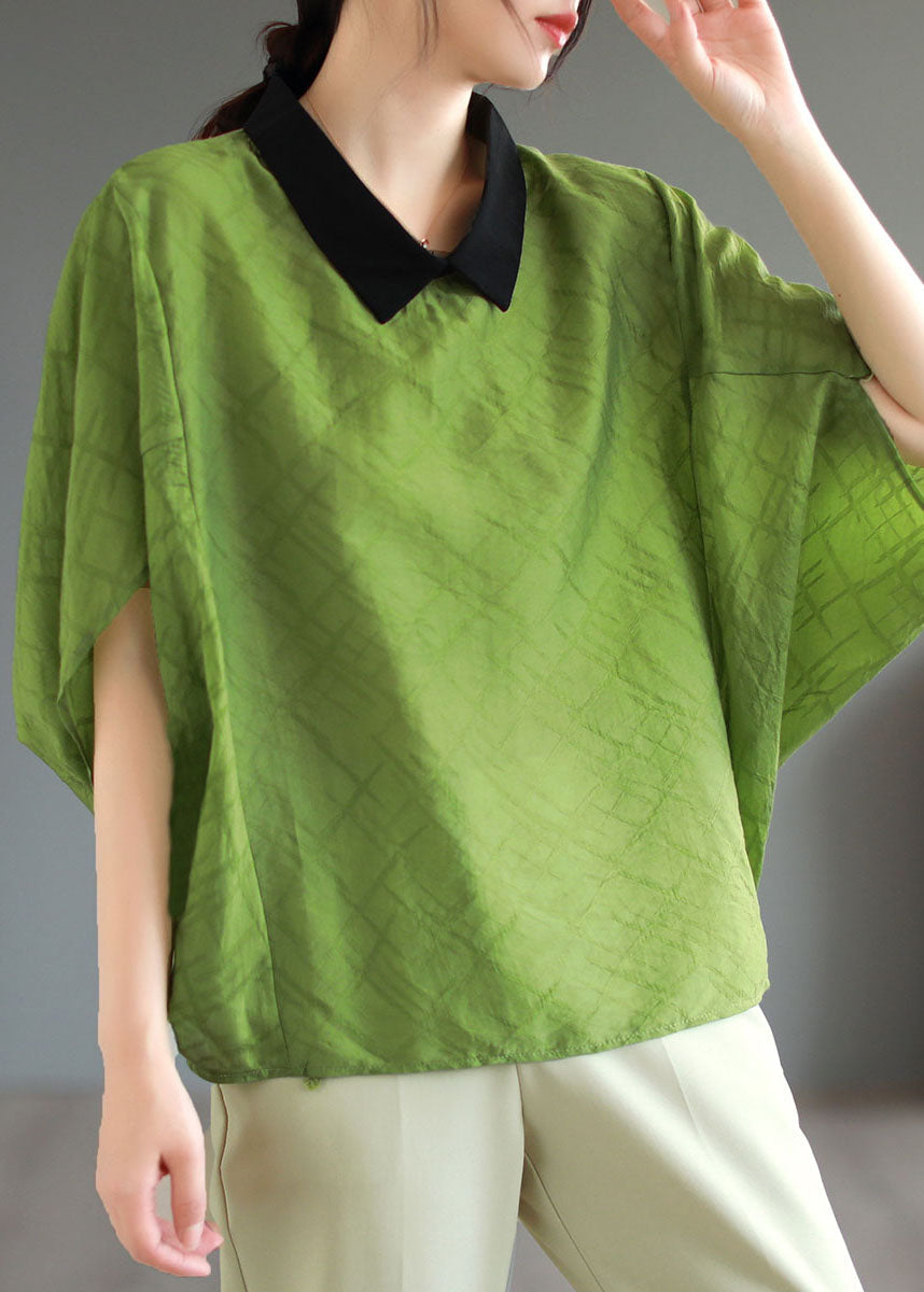 Boutique Green Peter Pan Collar Patchwork Cotton T Shirt Tops Batwing Sleeve Ada Fashion