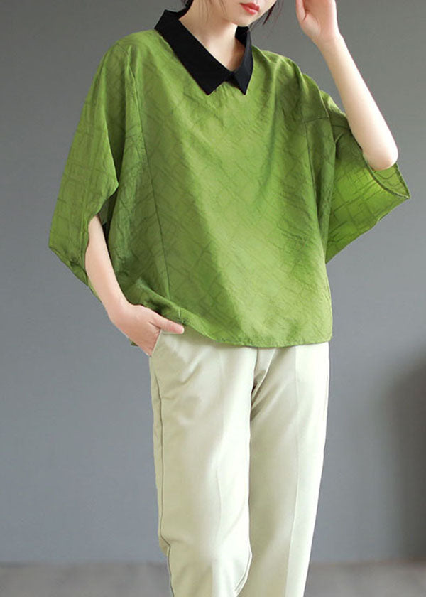 Boutique Green Peter Pan Collar Patchwork Cotton T Shirt Tops Batwing Sleeve Ada Fashion