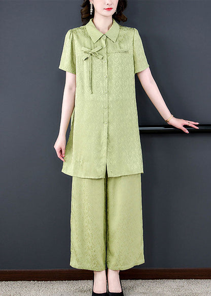 Boutique Green Peter Pan Collar Tops And Pants Silk 2 Piece Outfit Summer LY5943 Ada Fashion