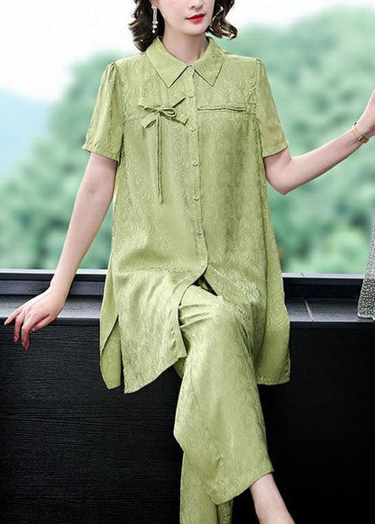 Boutique Green Peter Pan Collar Tops And Pants Silk 2 Piece Outfit Summer LY5943 Ada Fashion