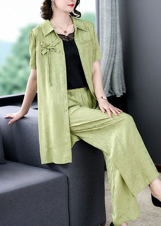 Boutique Green Peter Pan Collar Tops And Pants Silk 2 Piece Outfit Summer LY5943 Ada Fashion