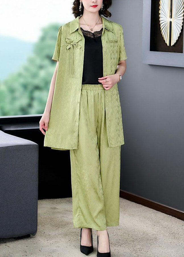 Boutique Green Peter Pan Collar Tops And Pants Silk 2 Piece Outfit Summer LY5943 Ada Fashion