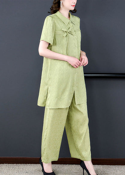 Boutique Green Peter Pan Collar Tops And Pants Silk 2 Piece Outfit Summer LY5943 Ada Fashion