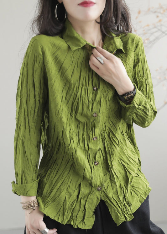 Boutique Green Peter Pan Collar Wrinkled Patchwork Cotton Shirt Top Spring LY6255 - fabuloryshop