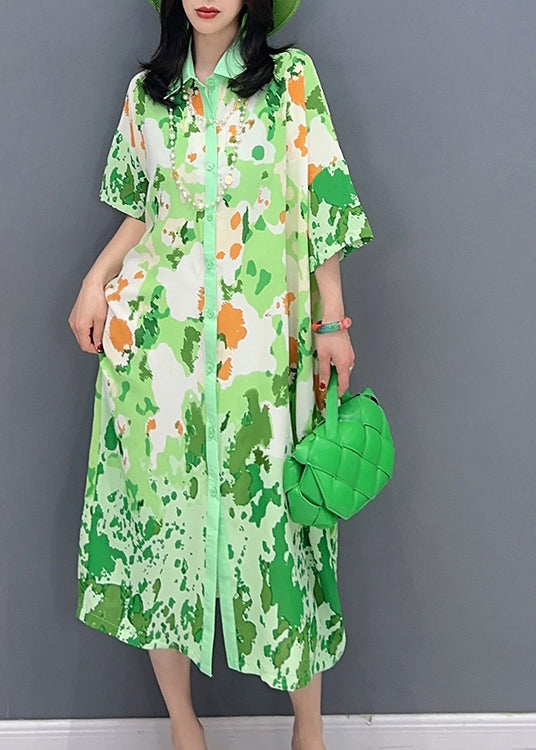 Boutique Green Print Button Party Long Shirts Dress Sunmer LC0304 - fabuloryshop