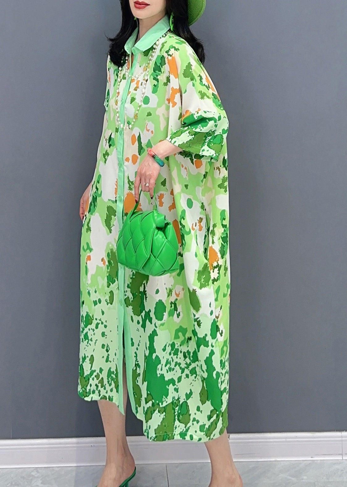 Boutique Green Print Button Party Long Shirts Dress Sunmer LC0304 - fabuloryshop