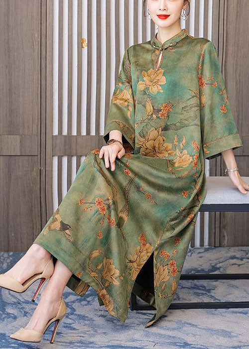Boutique Green Print Chinese Button Silk Long Dress Bracelet Sleeve LC0208 - fabuloryshop