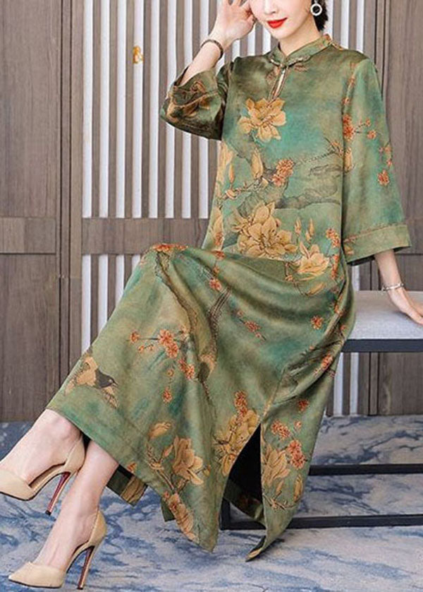 Boutique Green Print Chinese Button Silk Long Dress Bracelet Sleeve LC0208 - fabuloryshop