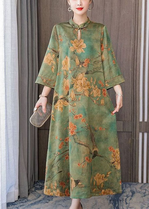 Boutique Green Print Chinese Button Silk Long Dress Bracelet Sleeve LC0208 - fabuloryshop