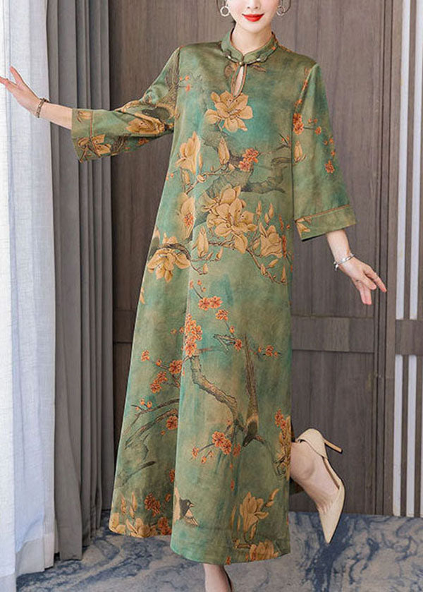 Boutique Green Print Chinese Button Silk Long Dress Bracelet Sleeve LC0208 - fabuloryshop