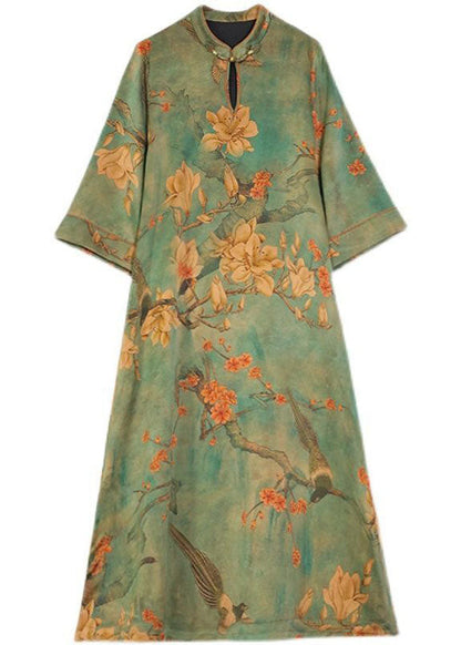 Boutique Green Print Chinese Button Silk Long Dress Bracelet Sleeve LC0208 - fabuloryshop