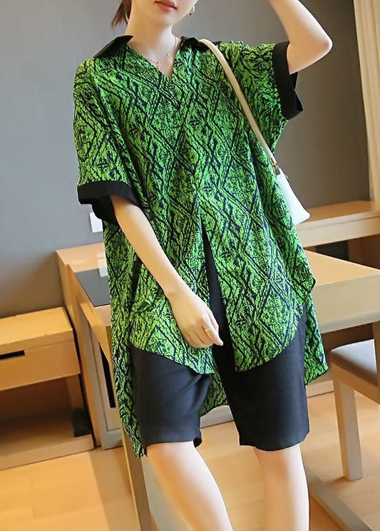 Boutique Green Print Patchwork Low High Design Chiffon Shirt Top Summer LY1456 - fabuloryshop
