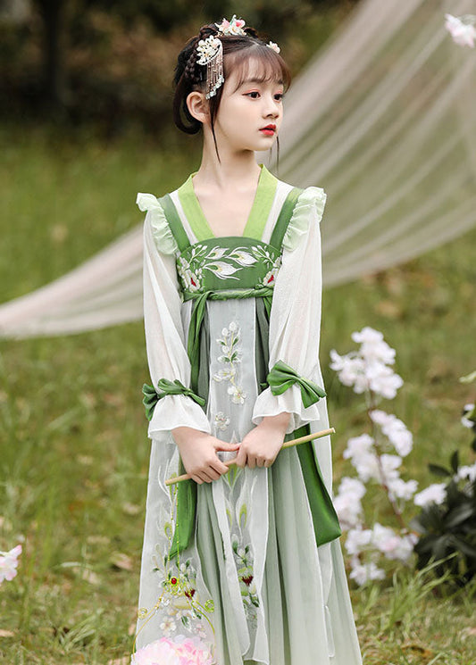 Boutique Green Ruffled Embroideried Patchwork Chiffon Kids Girls Dress Long Sleeve LY6524 - fabuloryshop